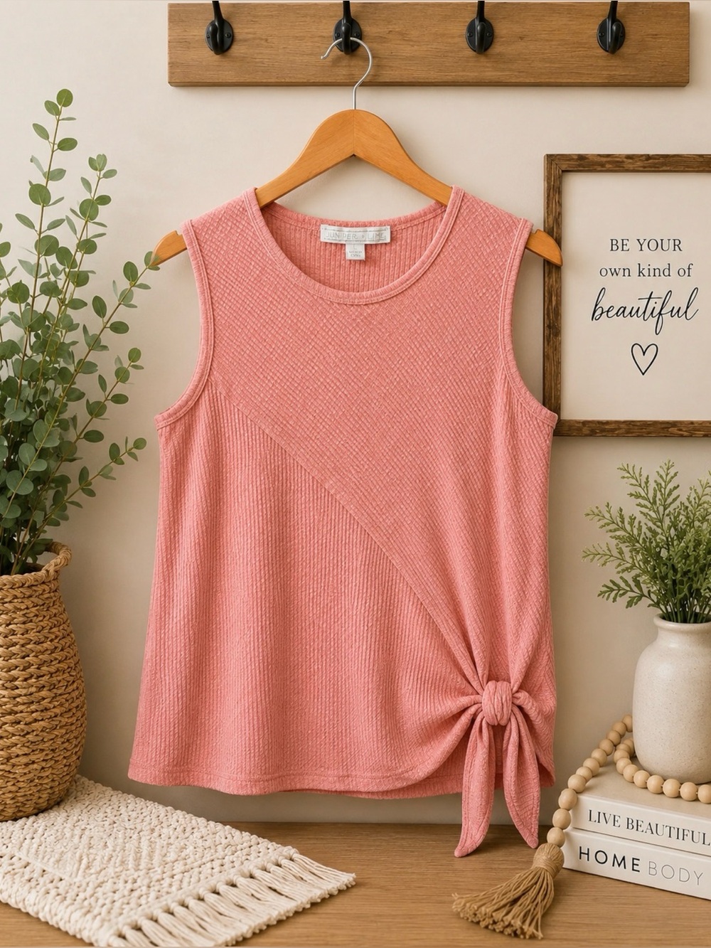 Juniper + Lime Large Coral Ribbed Side Tie Sleeveless Tank Top